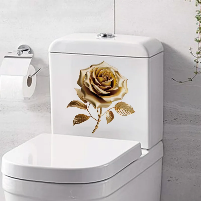 Golden Rose Toilet Stickers Bathroom Wall Sticker PVC Self Adhesive Flower WC Sticker Home Bathroom Decoration Decals