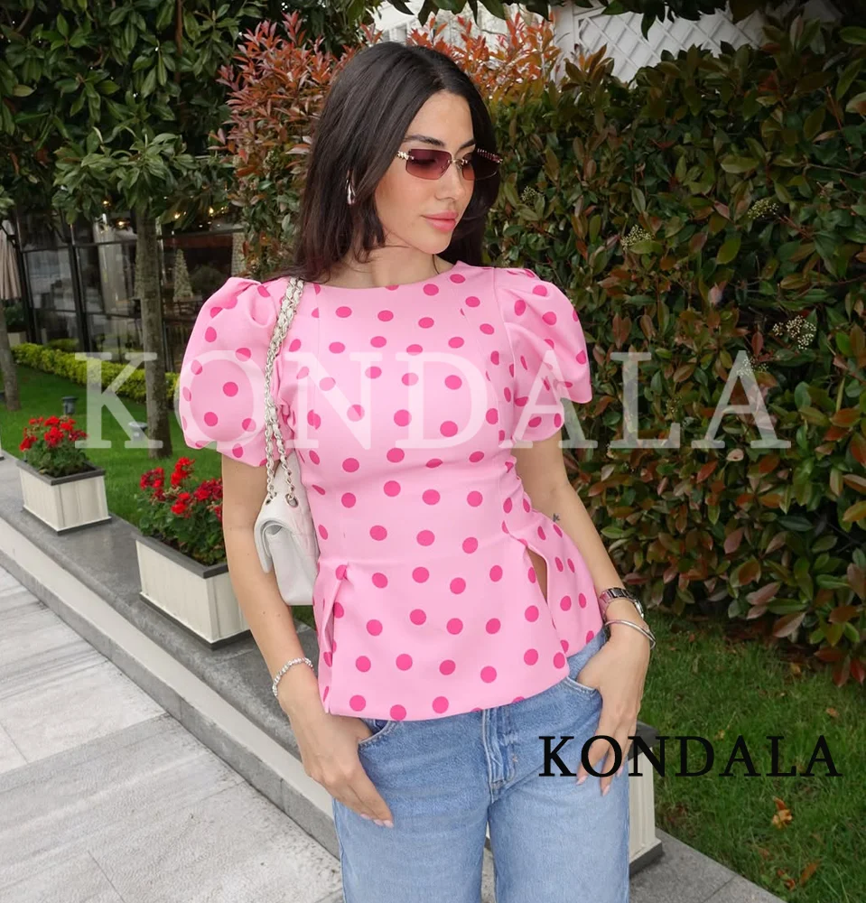 KONDALA Damen Trendiges Rosa Gepunktetes Puffärmel-Oberteil mit O-Ausschnitt und Reißverschluss Strandparty-Top Neue Mode 2026 Frühling Sommer Urlaubsbluse