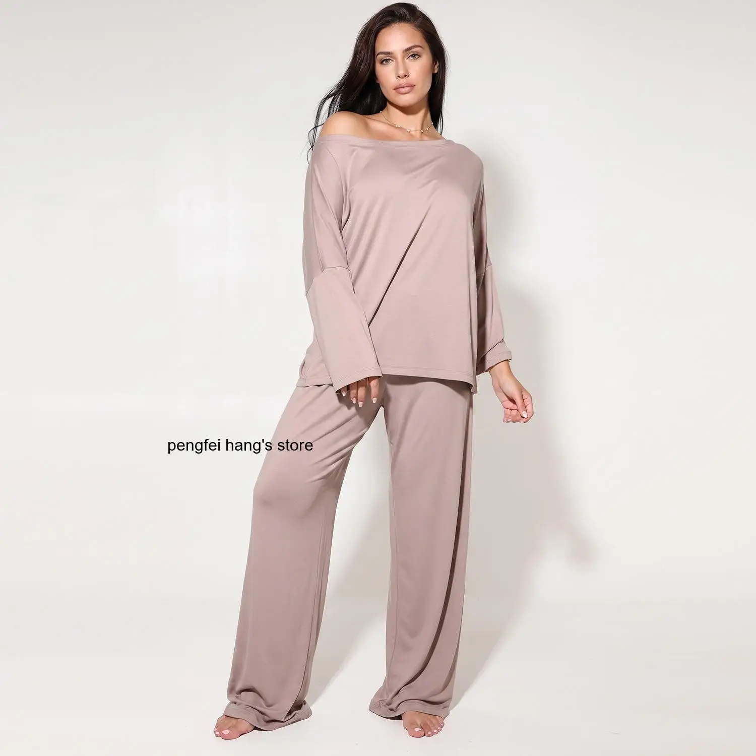 New Spring Autumn Women Modal Pajama 2 Piece Set Fashion Off Shoulder Long Sleeve Long Pants Loungewear Sleepwear Outfit