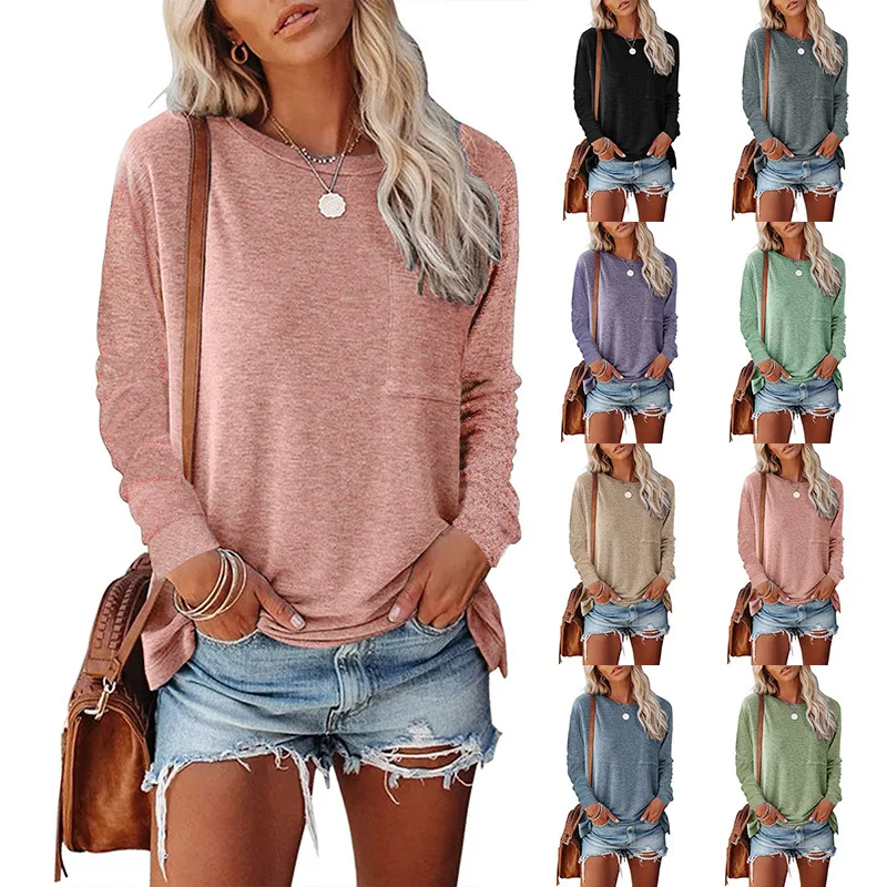 

European and American Women's Clothing 2025 Autumn and Winter Round Neck Pocket Split End Long Sleeve Casual Loose Top T-shirt