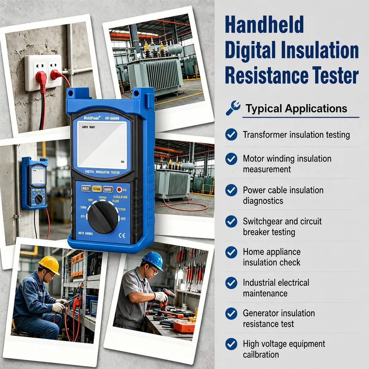 

5000V Megohmmeter Insulation Tester 200GΩ High Voltage Auto Range Digital Ohmmeter Backlit for Motor Cable Transformer HP-6688B