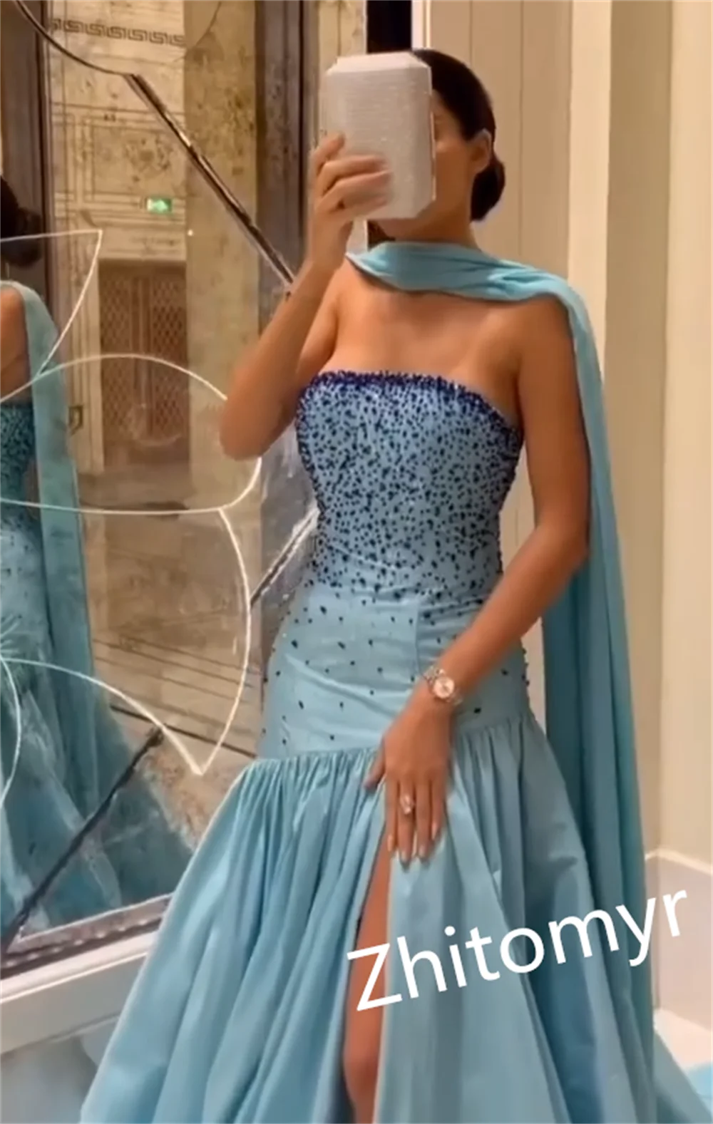 Exquisite Customized Strapless A-line Sweep/Brush Prom Dresses Paillette / Sequins Beading Satin Evening luxury dress