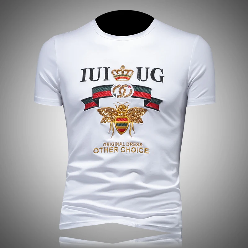 

Мужская футболка с вышивкой пчелы, из шелкового хлопка, приталенная, летняя, модная, с круглым вырезом, молодежная, трендовая, брендовая