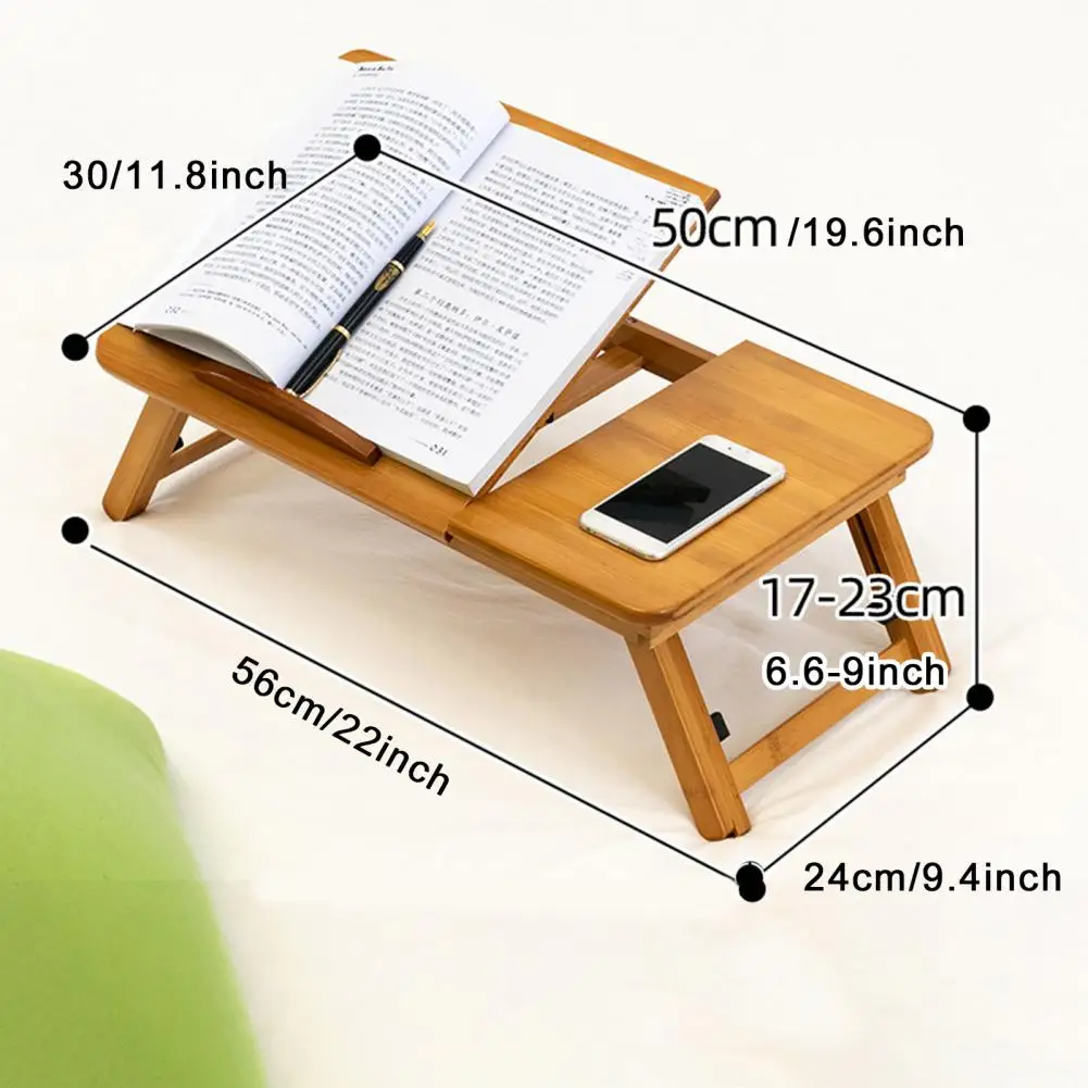 Mesa sobre la cama con 4 ángulos de inclinación, borde liso, fuerte soporte de carga, altura ajustable, escritorio plegable portátil de bambú