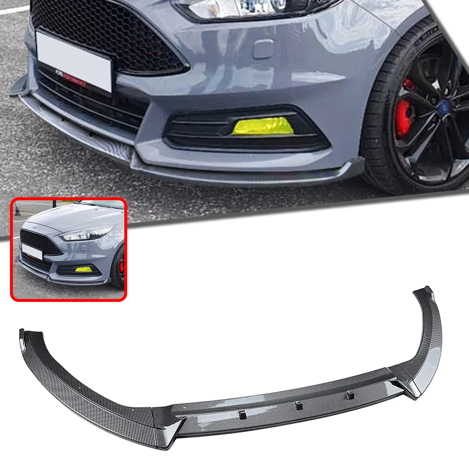 Lèvre de becquet de pare-chocs avant pour Ford Focus ST MK3.5 2015 – 2018, Hatchback, aspect Fiber de carbone à 4 portes/lame de séparation inférieure noire brillante