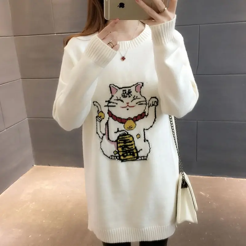 Glück Katze Pullover koreanische Version mittellang warm halten Herbst Winter Frauen Strickwaren Cartoon Stickerei Harajuku weiblichen Pullover