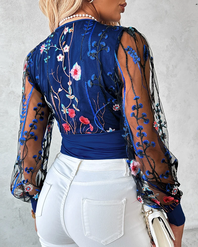 Floral Plants Embroidery Sheer Mesh Top Women Blouse