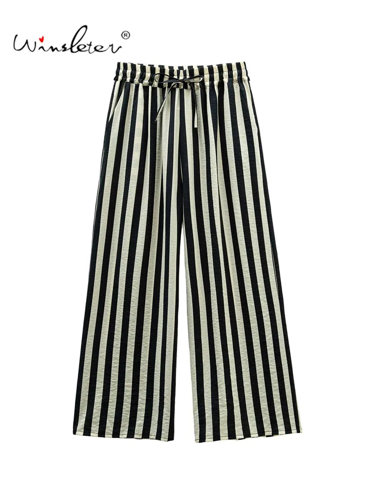 Winsleter-78%Dry Silk 22%Nylon Elegant Trousers, Elastic Waist Striped, Women Commute Lazy Wide-leg Pants, 2026 Autumn B68203CC