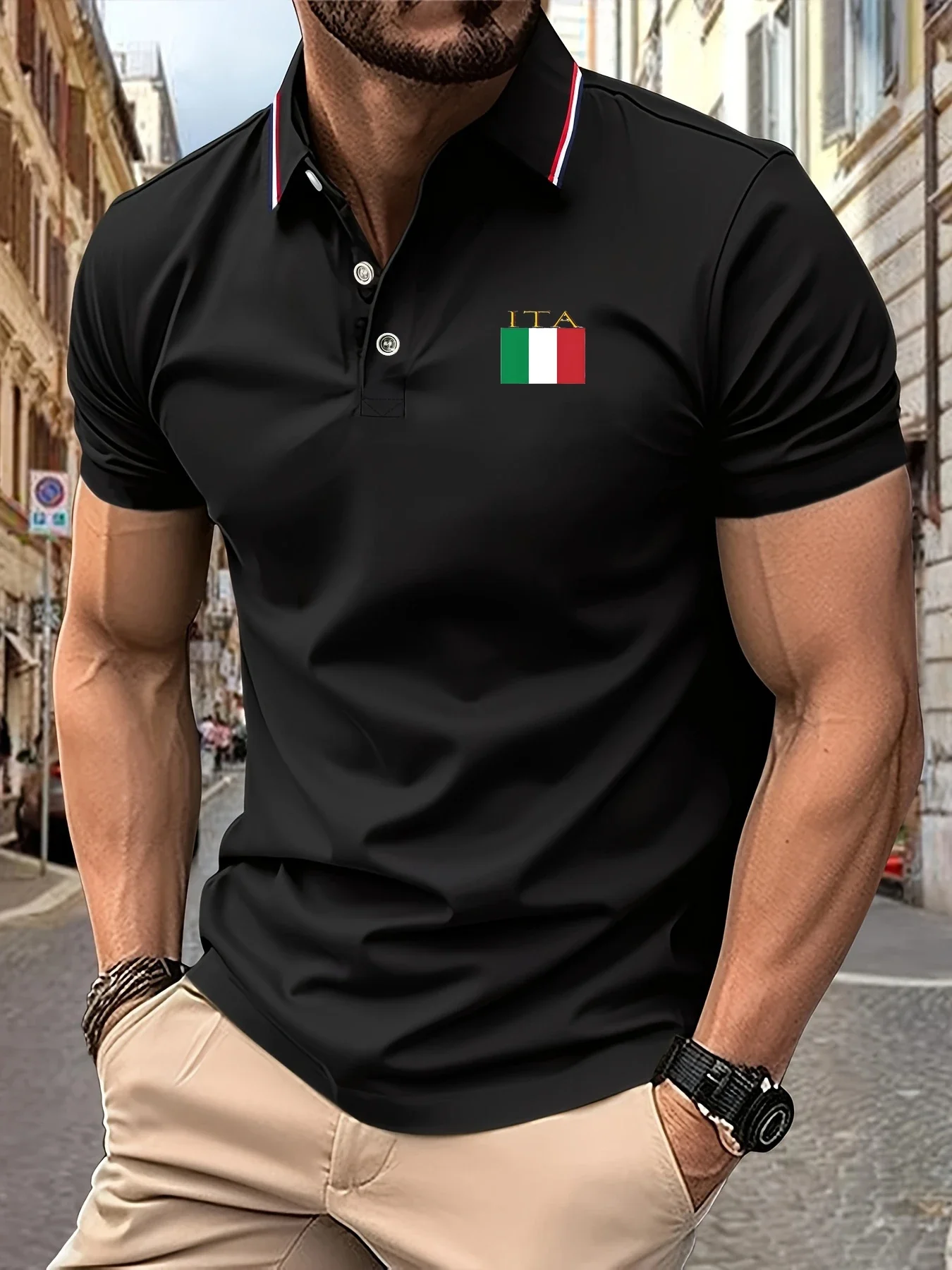 Pop 2025 Men's Italian Flag Embroidered Polo Shirt Summer Short Sleeve Breathable Lightweight Casual Lapel Stripes Soft Touch