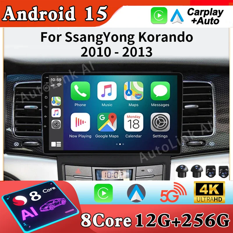 For SsangYong Korando 3 Actyon 2 2010-2013 Carplay 4G+WIFI GPS Car Radio Navigation Multimedia Video Player Stereo BT Android 15