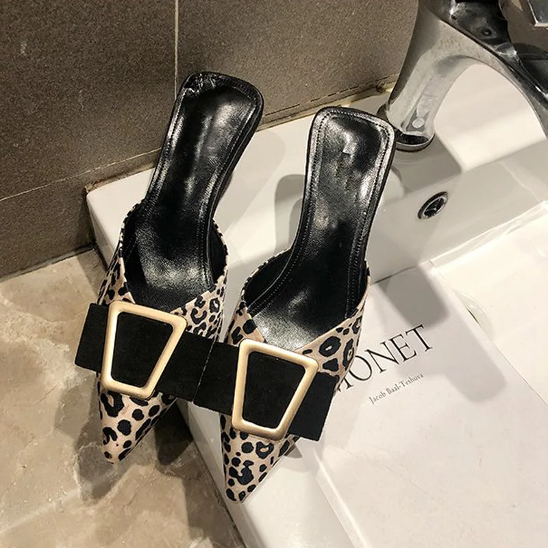 Comfort Women\'s Flat Slippers Slip on Mules Leopard Print Metal Buckle Shoes Spring Slides Low Heel Ladies Fashion Elegant Autum