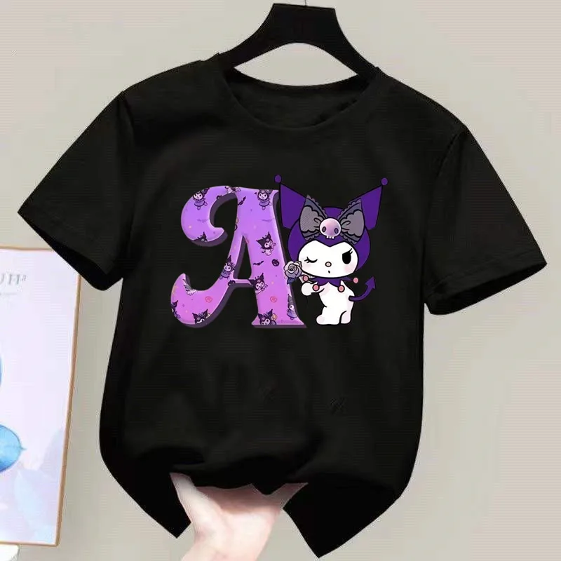 Kuromi Letter A-Z T-shirts Kids black Clothing Children\'s Short-sleeved Tops Sanrio Leisure Clothes Girls Cotton Tees Kawaii