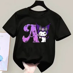 Kuromi Letter A-Z T-shirts Kids black Clothing Children's Short-sleeved Tops Sanrio Leisure Clothes Girls Cotton Tees Kawaii