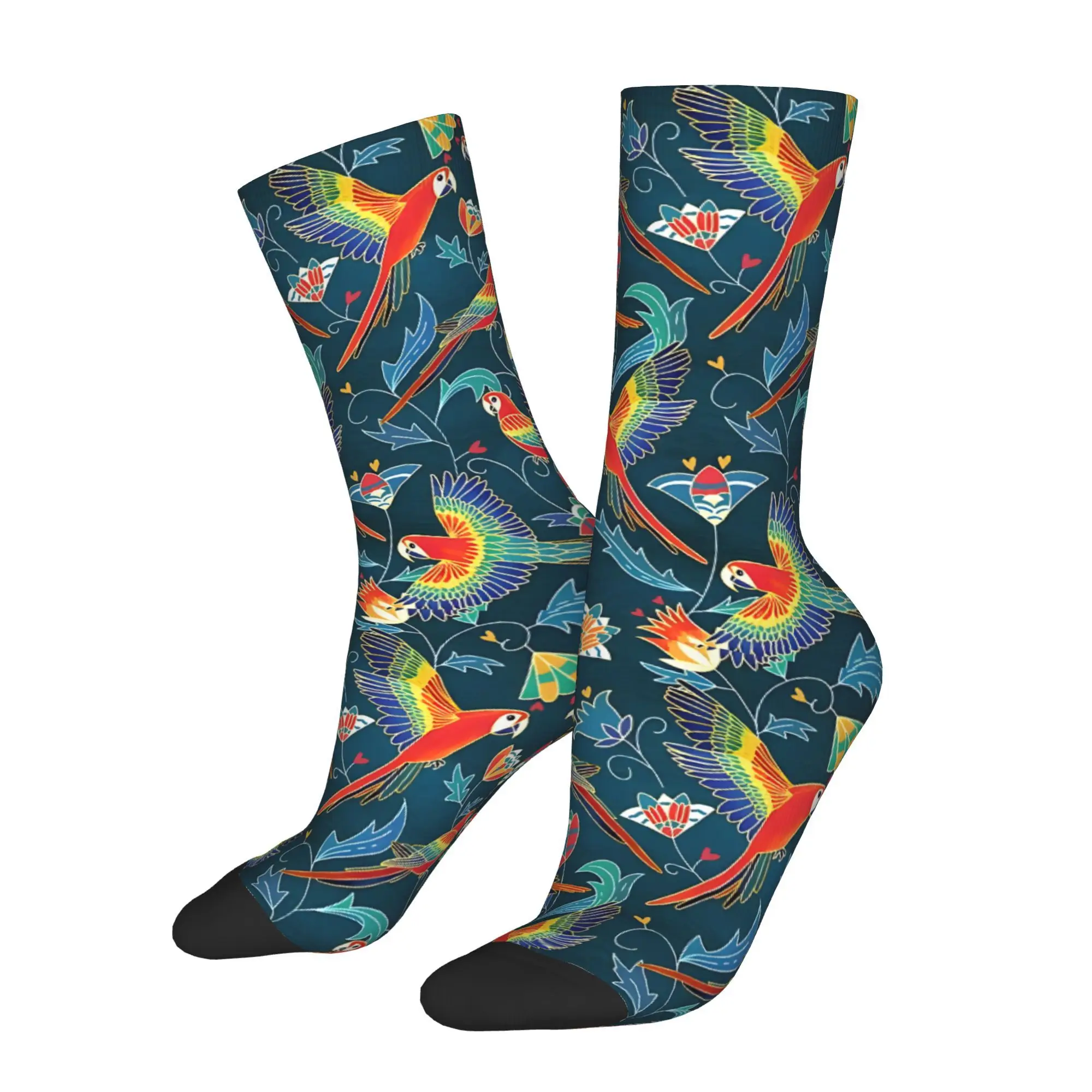 1pc Gold Enamel Red Macaws Printed Men's Socks  Novelty Hip Hop Harajuku Pattern Crew Sock Casual Gift