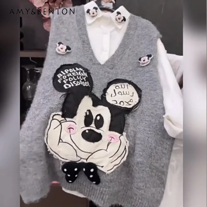 

Cartoon V-neck Knitted Sweater Vest For Women's Loose Casual Age-reducing Mid-length Pullover Waistcoat Autumn 2025 Top Jacket