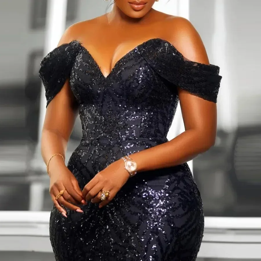 Funkelnde schwarze Pailletten-Meerjungfrau-Abschlussballkleider für afrikanische Frauen, schulterfrei, Korsett, Geburtstagsfeier, formelles Abendkleid, individuell gestaltet