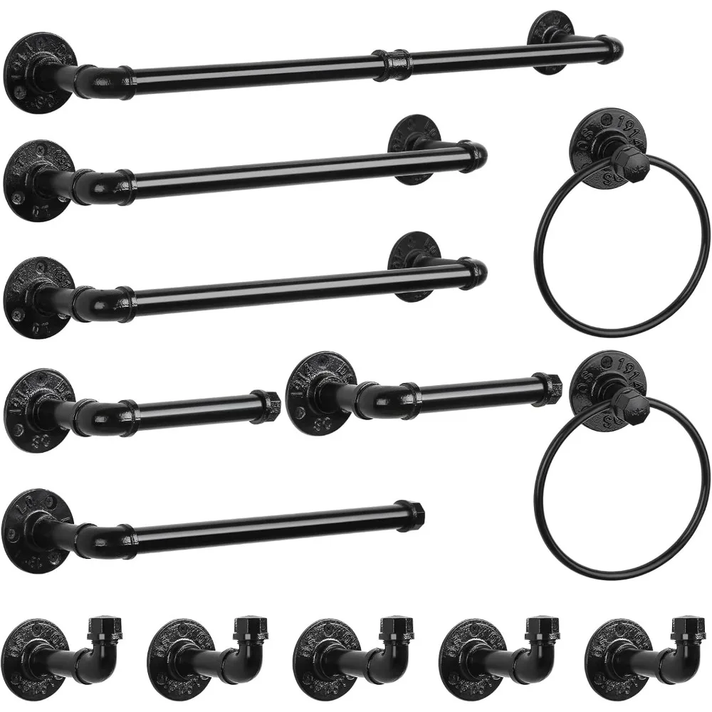 

13-Piece Black Industrial Pipe Bathroom Towel Rack Set with Towel Bar, Ring, Hooks, and Toilet Paper Holder