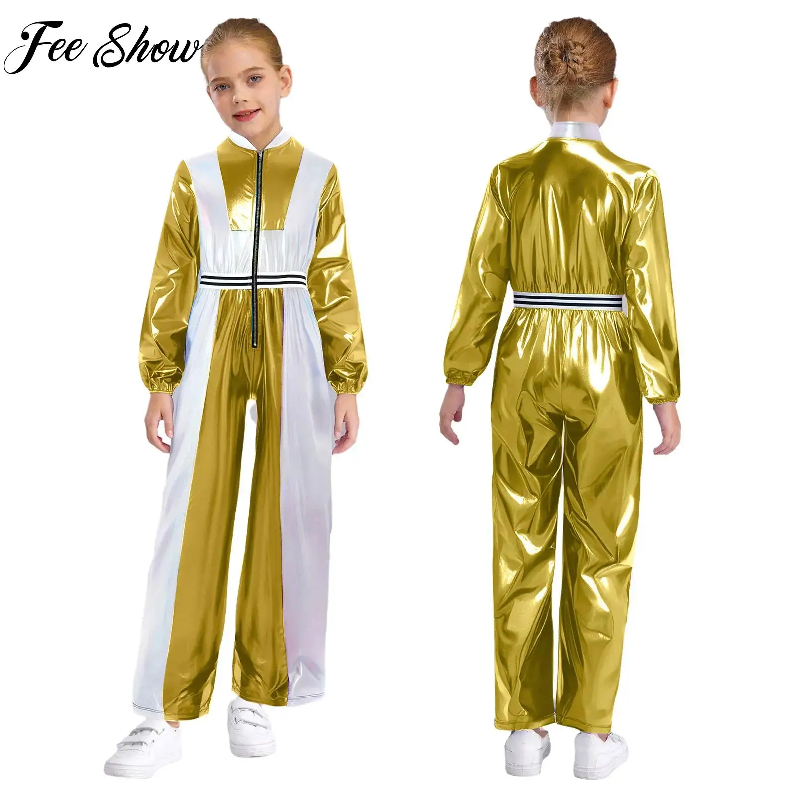 

Long Sleeves Hip-Hop Jazz Dance Jumpsuit Girls Rave Party Performance Metallic Bodysuit Full Length Leotard Dancewear Streetwear