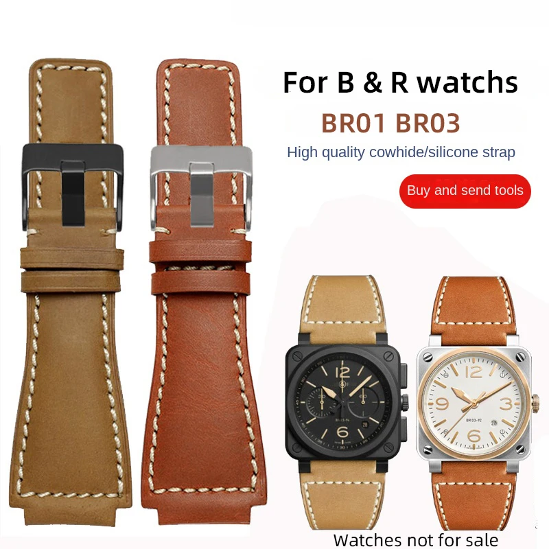 

Convex mouth leather strap 24mm for BR Bell Ross watch strap BR01 BR03 men's watch band replace Brown bracelet BR watch belt