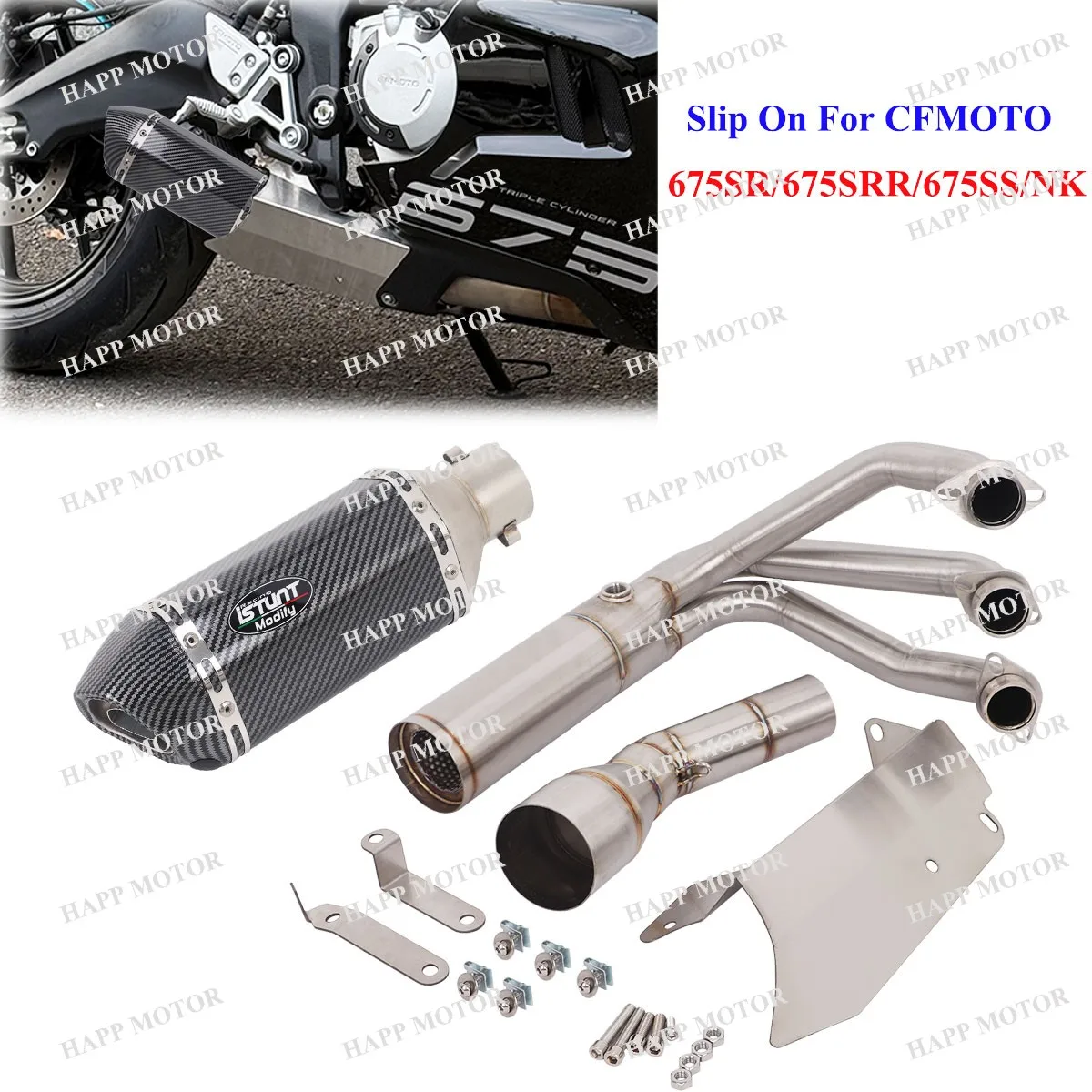 

Full System For CFMOTO 675SR 675SRR 675SS 675NK All Years Motorcycle Exhaust Slip On 675SRR Exhaust Pipe 310MM Tail Pipe