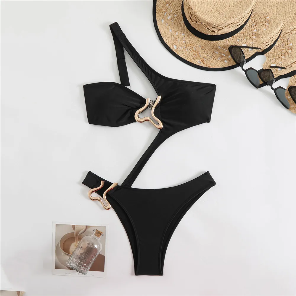 Sexy Black One Shoulder Swimwear One Piece Swimsuit Women 2026 Hollow Out Monokini Metal Ring High Cut Bathing Suit Swim Wear