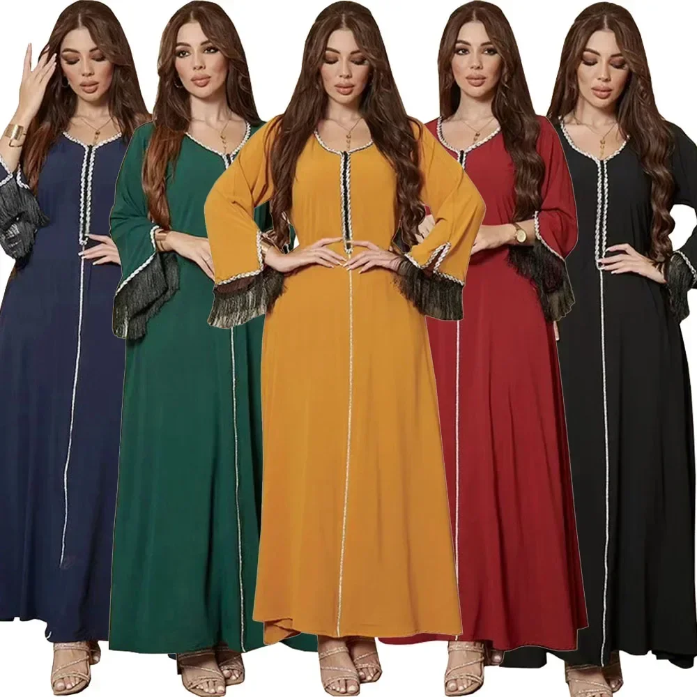 

Dubai Abaya Diamonds Party Dresses for Women Muslim Tassle Long Robe Turkey Kaftan Femme Musulman Gown Islamic Jalabiya Vestidos
