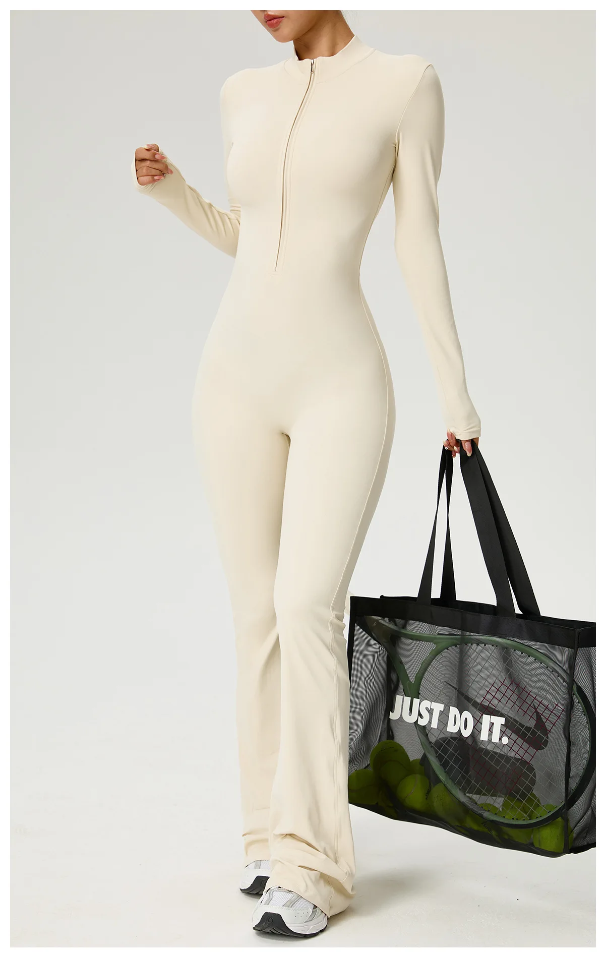 Neuer Reißverschluss-Jumpsuit mit Schlaghose Damenkleidung Sportbekleidung Gym Yoga Sportsets Spandex Nylon Trainingssets Damen Trainingsanzug – Detail 14