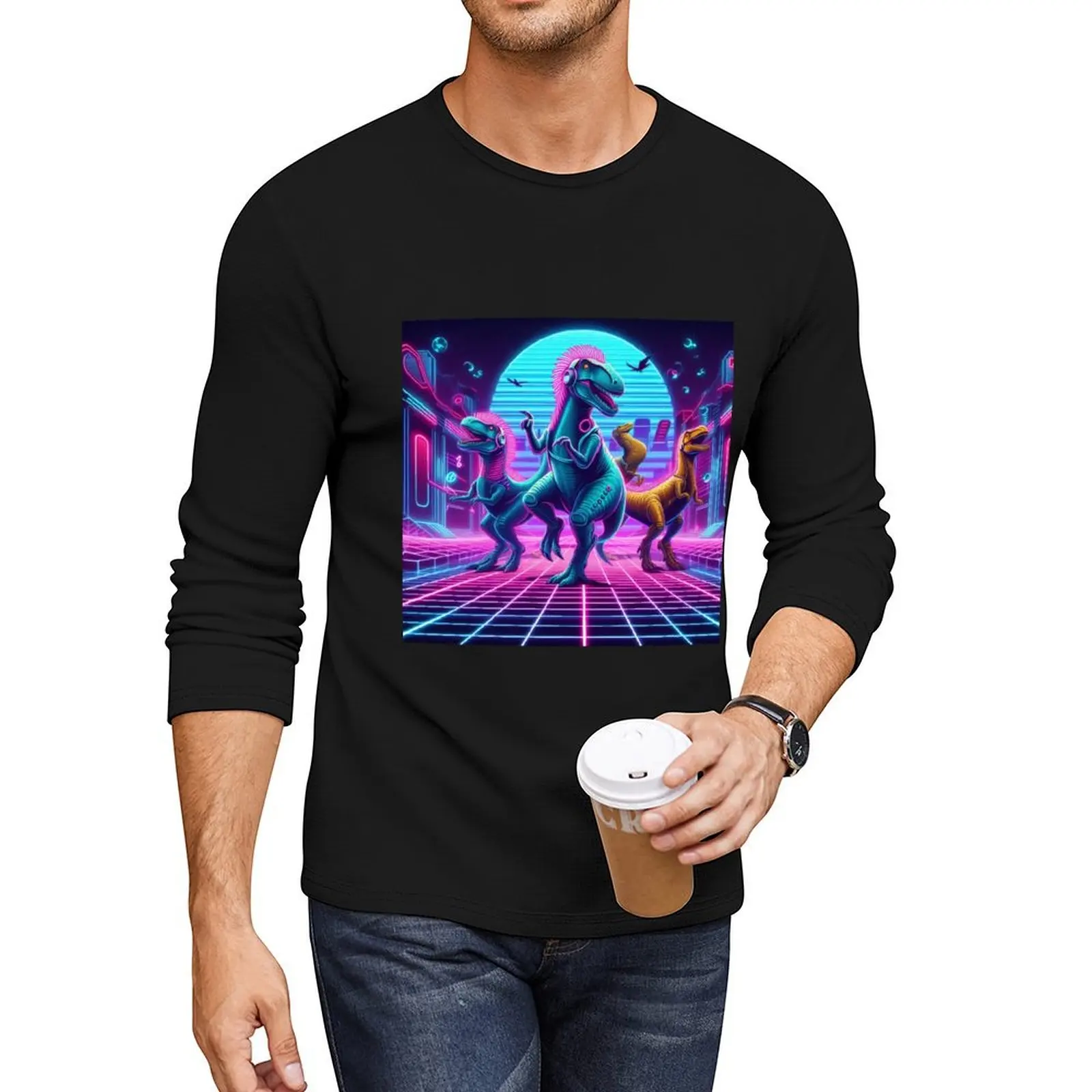 

**Retro Rave Dinosaurs - A Neon Blast from the Prehistoric Past!** Long T-Shirt plain t-shirt t shirts for men cotton