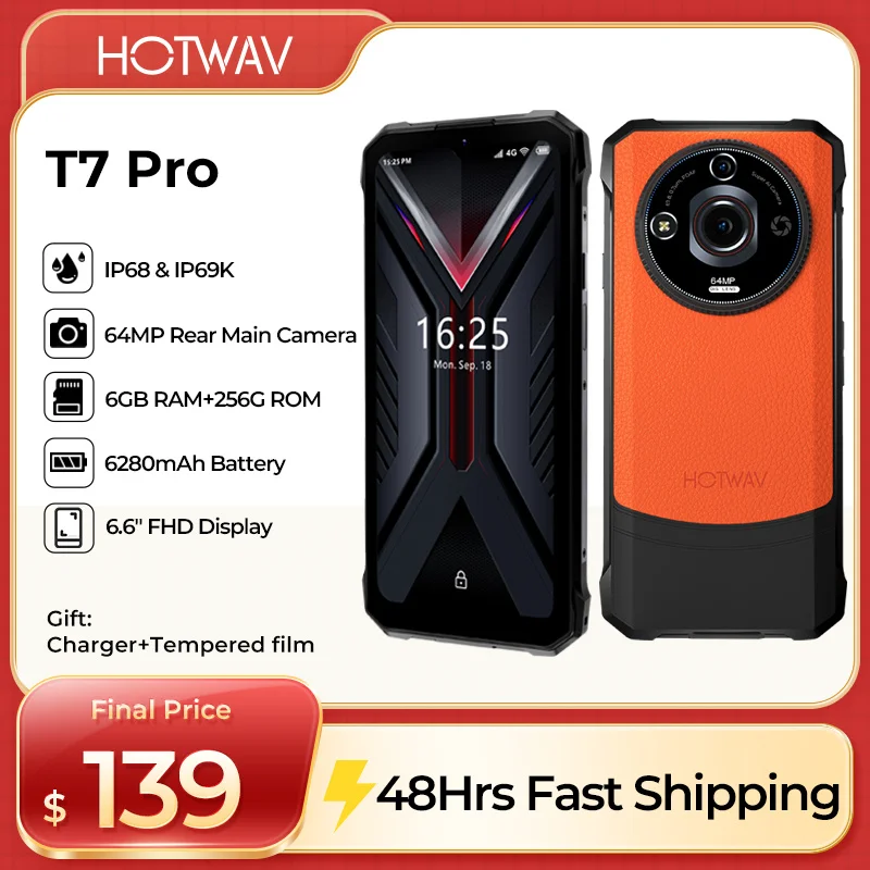 HOTWAV T7 Pro robuuste smartphone Android 13 6,6 '' FHD+ 2K 6280mAh 12GB RAM (6GB+6GB), 256GB ROM 64MP Face Unlock NFC mobiele telefoon