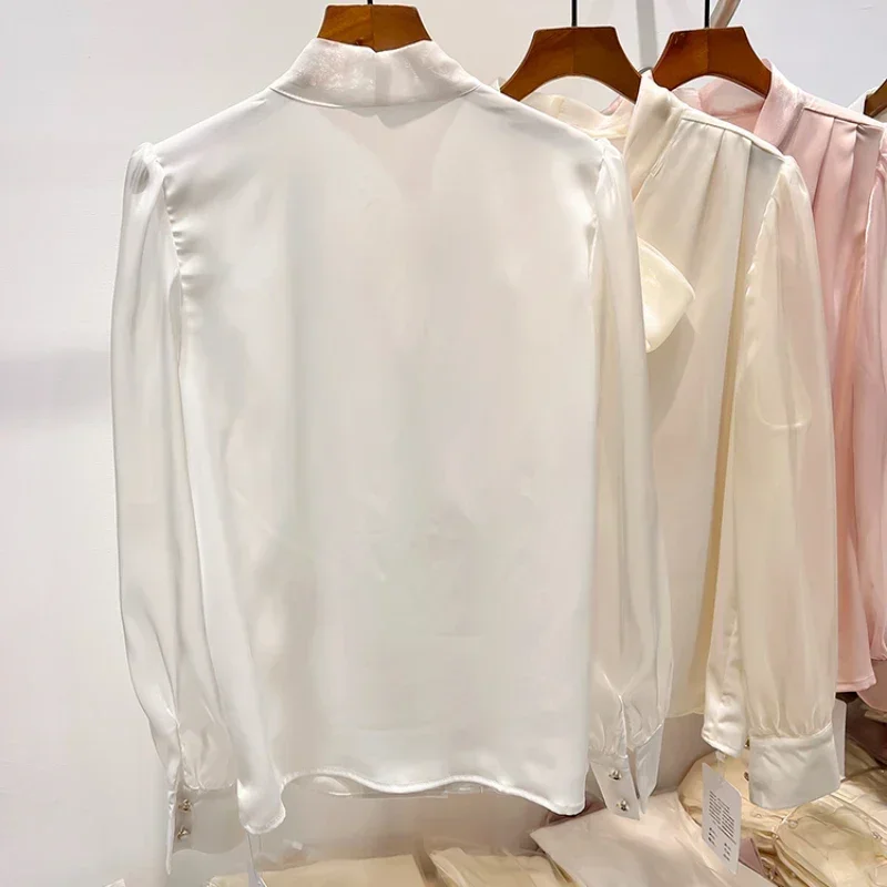 เสื้อชีฟองผู้หญิง แขนยาว แต่งริบบิ้น เสื้อผู้หญิงสไตล์เกาหลี แฟชั่นเสื้อเชิ้ตและเสื้อเบลาส์ ฤดูใบไม้ร่วง 2024 เสื้อผ้าผู้หญิง