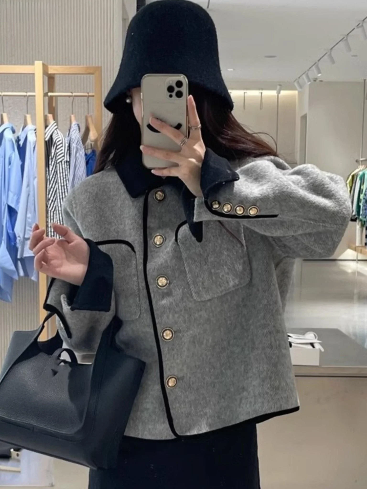 Stylish Color Blocking Wool Overcoat Short Jacket for Women Korean Style Spring Autumn Tweed Doll Top Short Length Coat