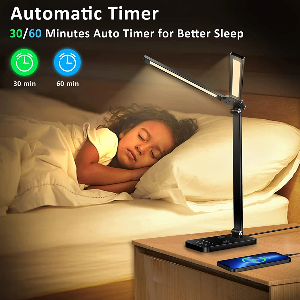 LED Double Head Reading Table Lamp with 10W QI Wireless Charging Touch Control Dimmable Timing Eye Care Desk Bedroom Learning
