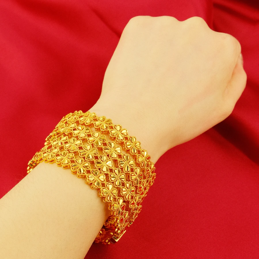 Dubai Women\'s Four Leaf Clover Gold Plated Indian and African Hard Bracelet Charming Wedding Ethiopian Arabian Treasure Luxury