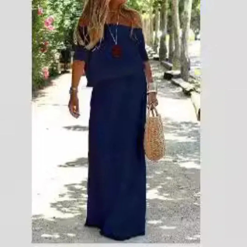 ผู้หญิงฤดูร้อนปิดไหล่ Ruffle ชุดผ้าฝ้ายสั้นพัฟแขน Smocked Flowy สายฉัตรกลาง Rise Beach Boho Long Maxi ชุด