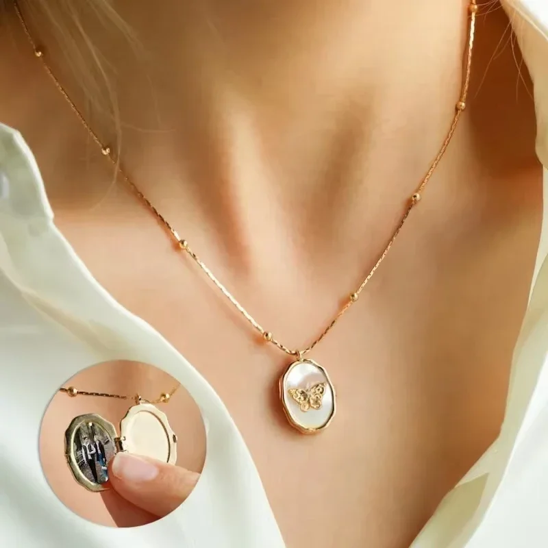 Engraved Butterfly White Shell Oval Photo Frame Album Pendant Neckalce for Women Girls Birthday Gifts Waterproof Punk Jewelry