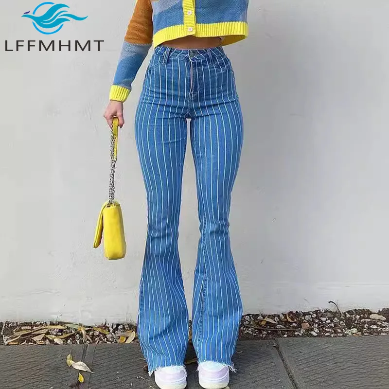 Women American Retro High Waist Striped Skinny Jeans Autumn New Ins Stylish Slimming Tight Long Denim Pants