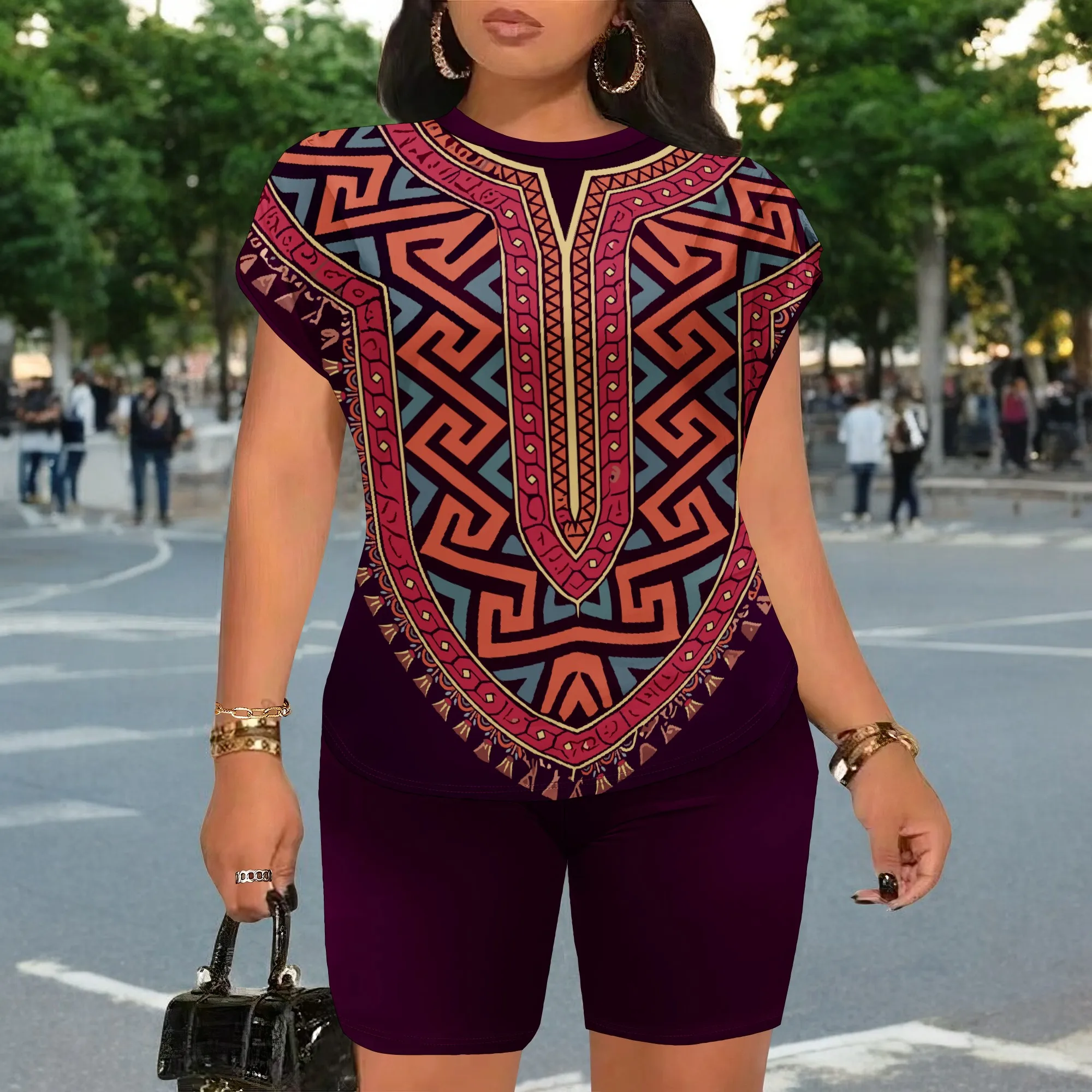 African Print Dashiki Top And Shorts Set, Ethnic Pattern Tunic With Biker Bottoms, Summer Vacation Outfit For Women, S-3XL