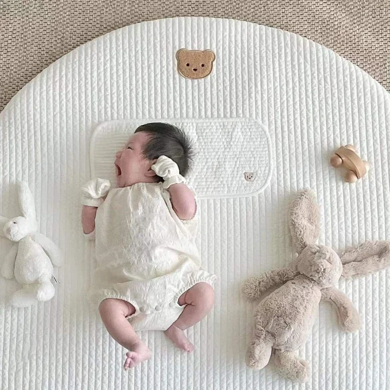 85CM Bear Embroidery Pad Removable Cotton Round Carpet Floor Rugs Newborn Baby Crawling Mat Soft Zipper Kids Room Play Mats