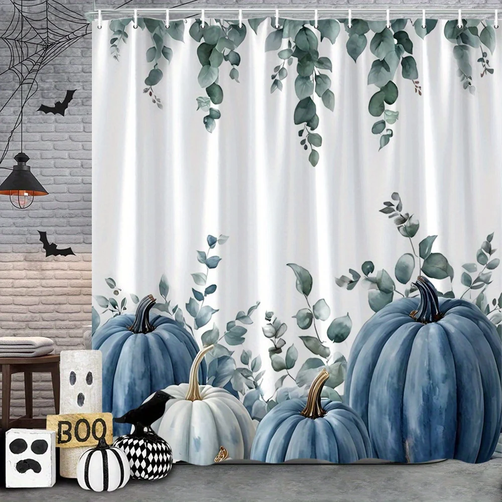 

1 шт. сине-белая занавеска для душа с рисунком листьев тыквы и эвкалипта, полиэфирная ткань, можно стирать в машине, подходит для ванной комнаты
