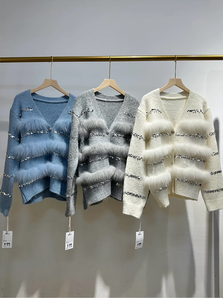 2025 여성 봄 가을 여성 패션 천연 리얼 폭스 퍼 니트 가디건 오버사이즈 코트 폭스 퍼 장식 스웨터