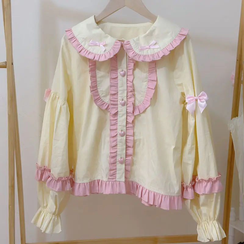 Japanese Cute Lolita Blouses Ruffles Bow Rabbit Ear Style Peter Pan Collar JK Shirt Uniform Tops Girl Kawaii Blouse