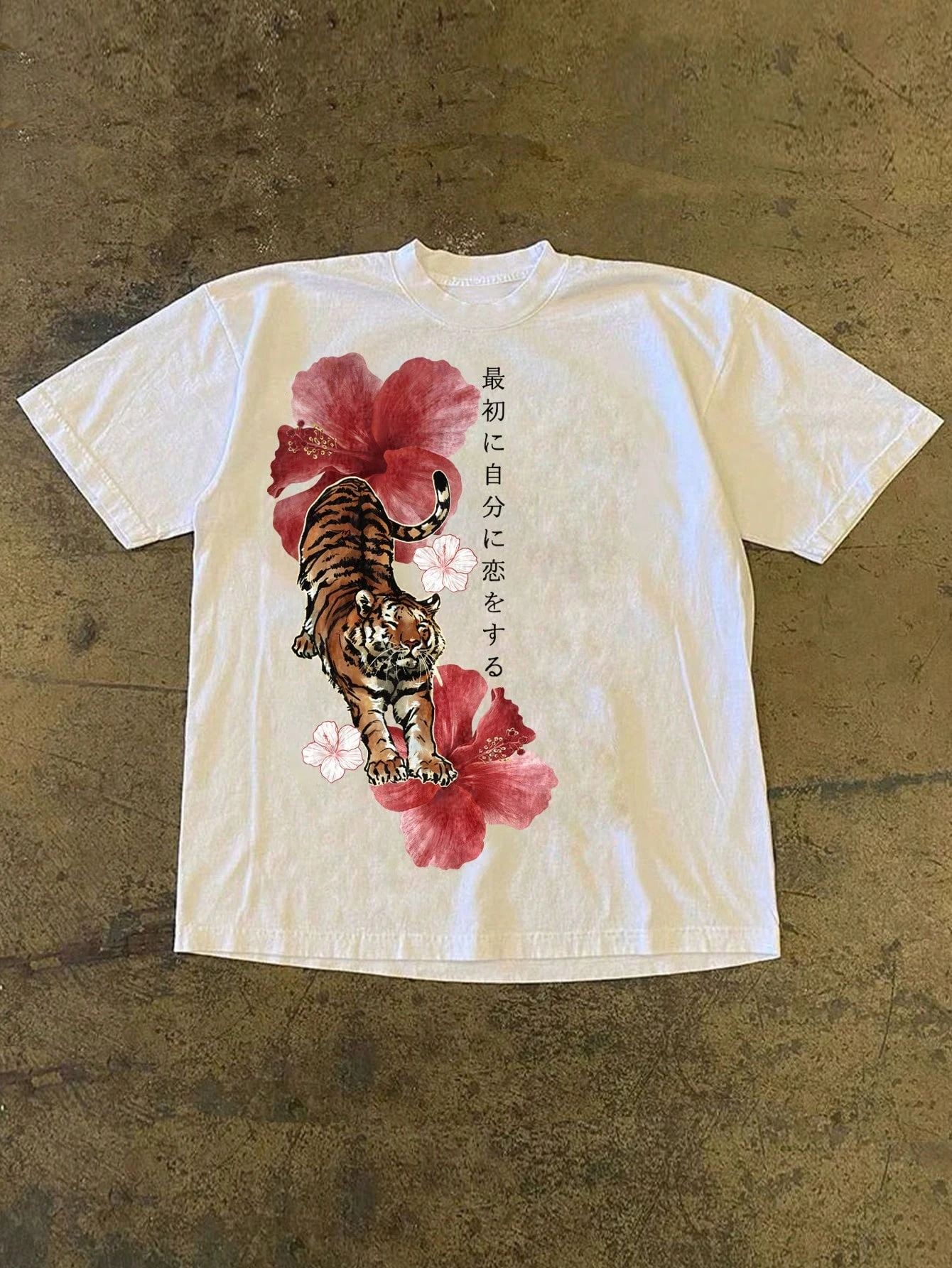 Y2K Retro-T-Shirt im japanischen Stil mit Blumen-Tiger-Print für Herren, bequem, für Frühling/Sommer, locker sitzende, lässige Streetwear für Paare