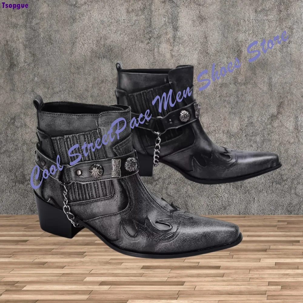 Punk Western Cowboy Ankle Boots Men Washed Floral Embroidery Metal Chain Decor Multi Flower Buckle Straps Mid Heel Chelsea Boots