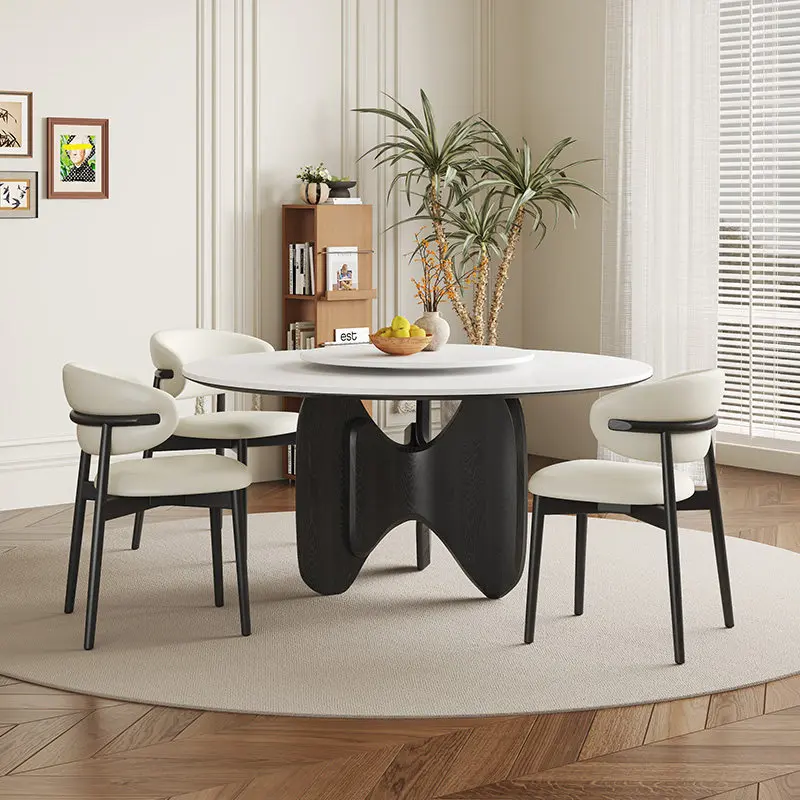 Retro all-solid wood rock slab travertine French dining table household light luxury 2025 new ash wood medium and ancient