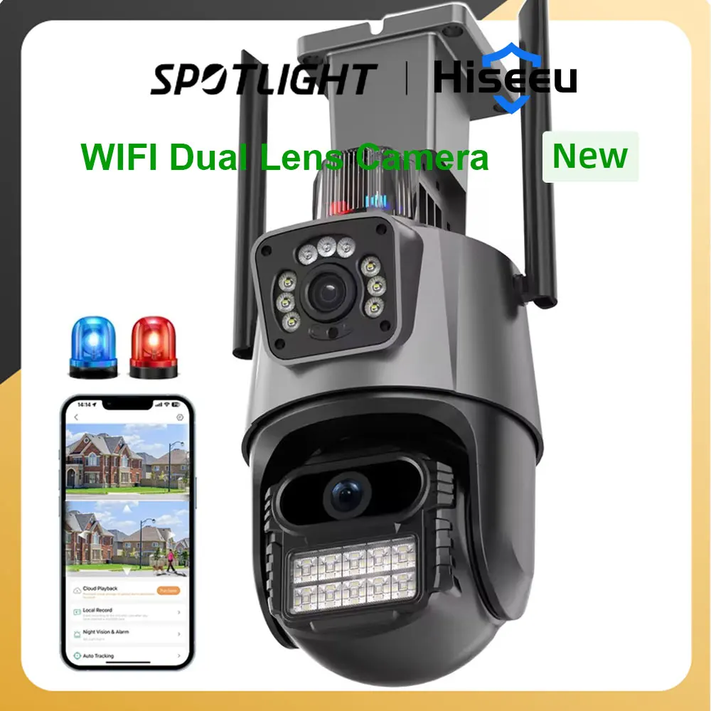 

Hiseeu 8MP 4K Wifi Surveillance Camera Dual Lens AI Auto Tracking Outdoor Security CCTV Video Camera With Police Light Alarm