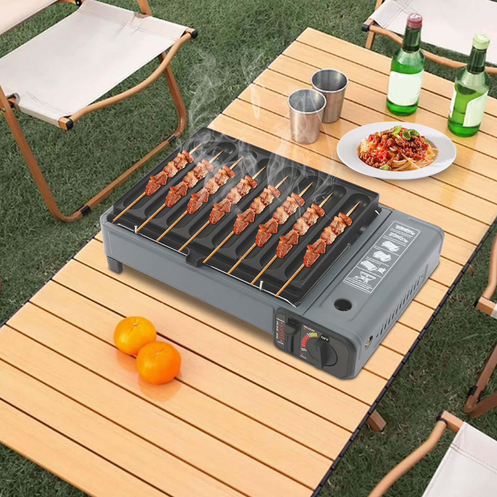 

Portable gas grill camping gas grill with transport case and grease tray, tabletop grill with cooking plate for terrace, balcony