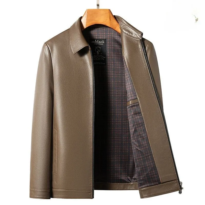 

Men's Leather Jacket Spring and Autumn New Lapel Middle-aged Dad's Car Haining Cowhide Leather Jacket Fashionable and Individual