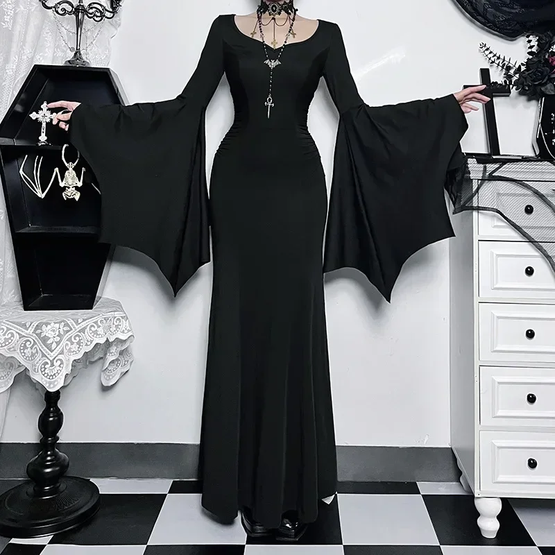 

Gothic Vintage Dress Halloween Women Square Neck Patchwork Spider Web Flare Sleeves Cosplay Long Party Dress