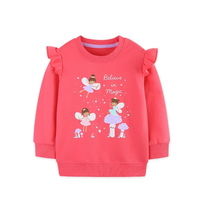2-7T 100% Cotton Girls Sweatshirts Cute Sweet Pullover Tops  Fairy Print Ruffle Shoulder Hoodies Toddler Long Sleeve Clothes