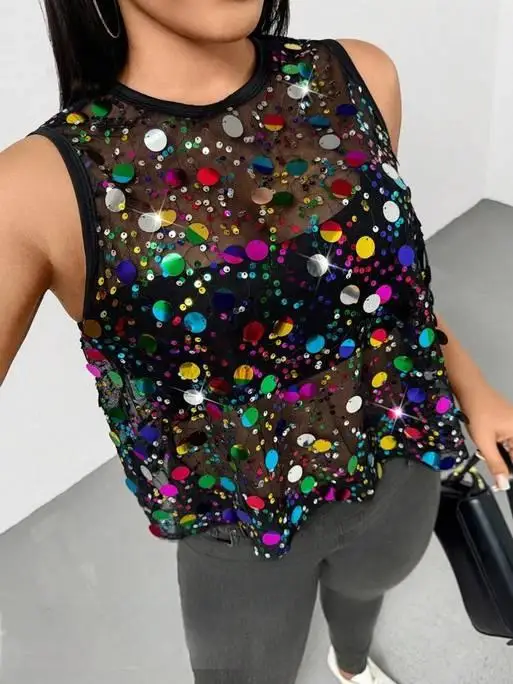 

Large size women`s sequin mesh see through top girl`s semitransparent summer sexy tanktop ladies sleeveless party holiday shirt